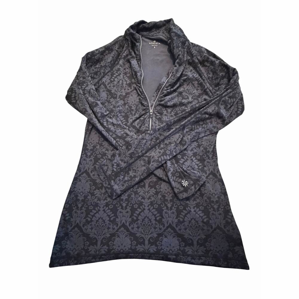 Athleta Quarter Zip Pullover Black Damask Floral Longline Small Ruched